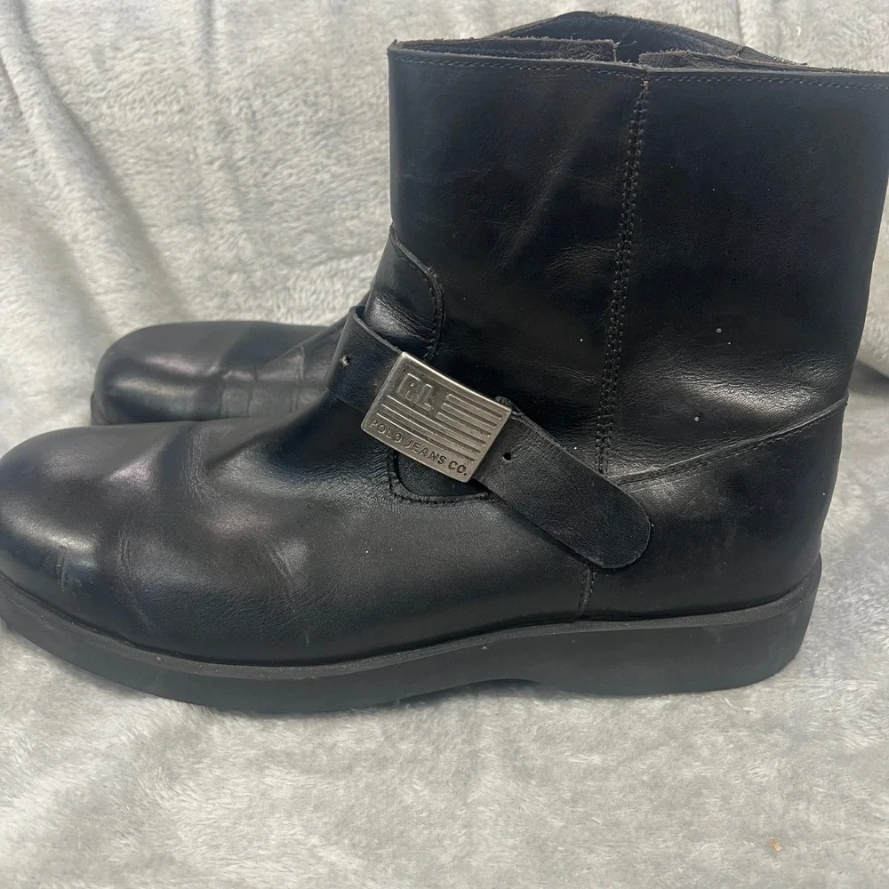 Polo Jeans Co Ralph Lauren Black Leather Buckle Moto Biker Boots Mens size‎ 11.5